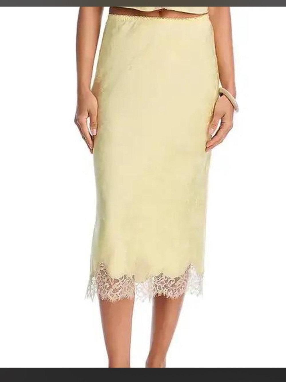 Rumored Pale Yellow Lace-Trim Midi Skirt
